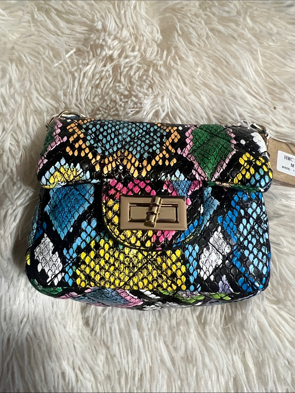 Multicolor Snake-Print Crossbody  Mini Bag with Gold Turn-Lock